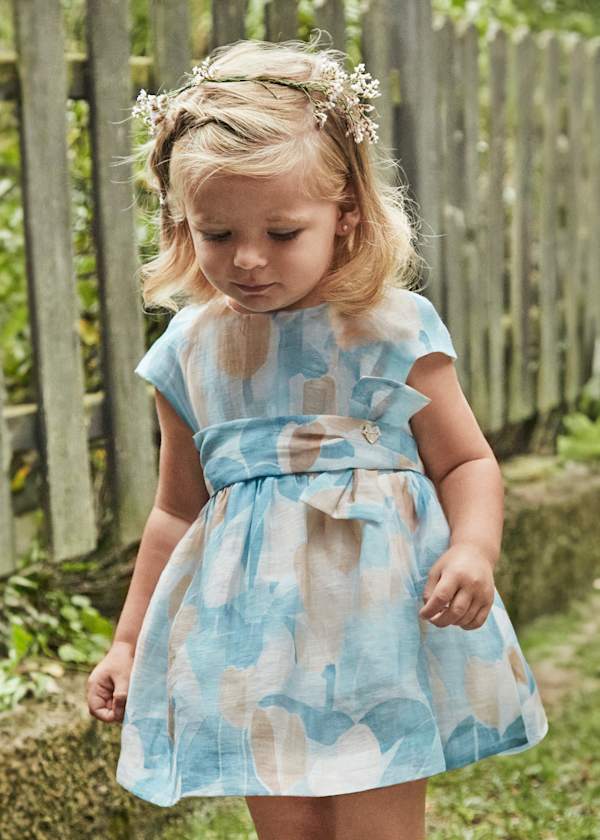 Mayoral Girls Floral Print Cap Sleeve Occasion Dress - Light Blue