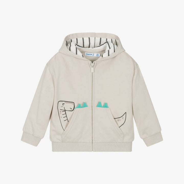 Mayoral Beige Dinosaur Pocket Zip-Up Hoodie