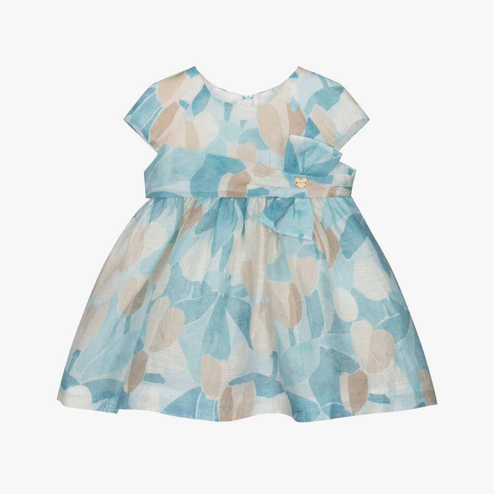 Mayoral Girls Floral Print Cap Sleeve Occasion Dress - Light Blue